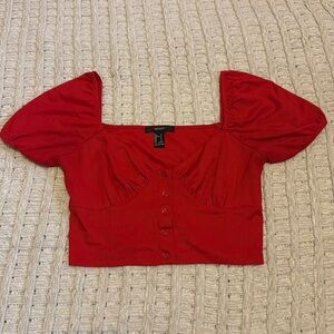 Forever 21 Red Button Front Puff Sleeve Crop Top
